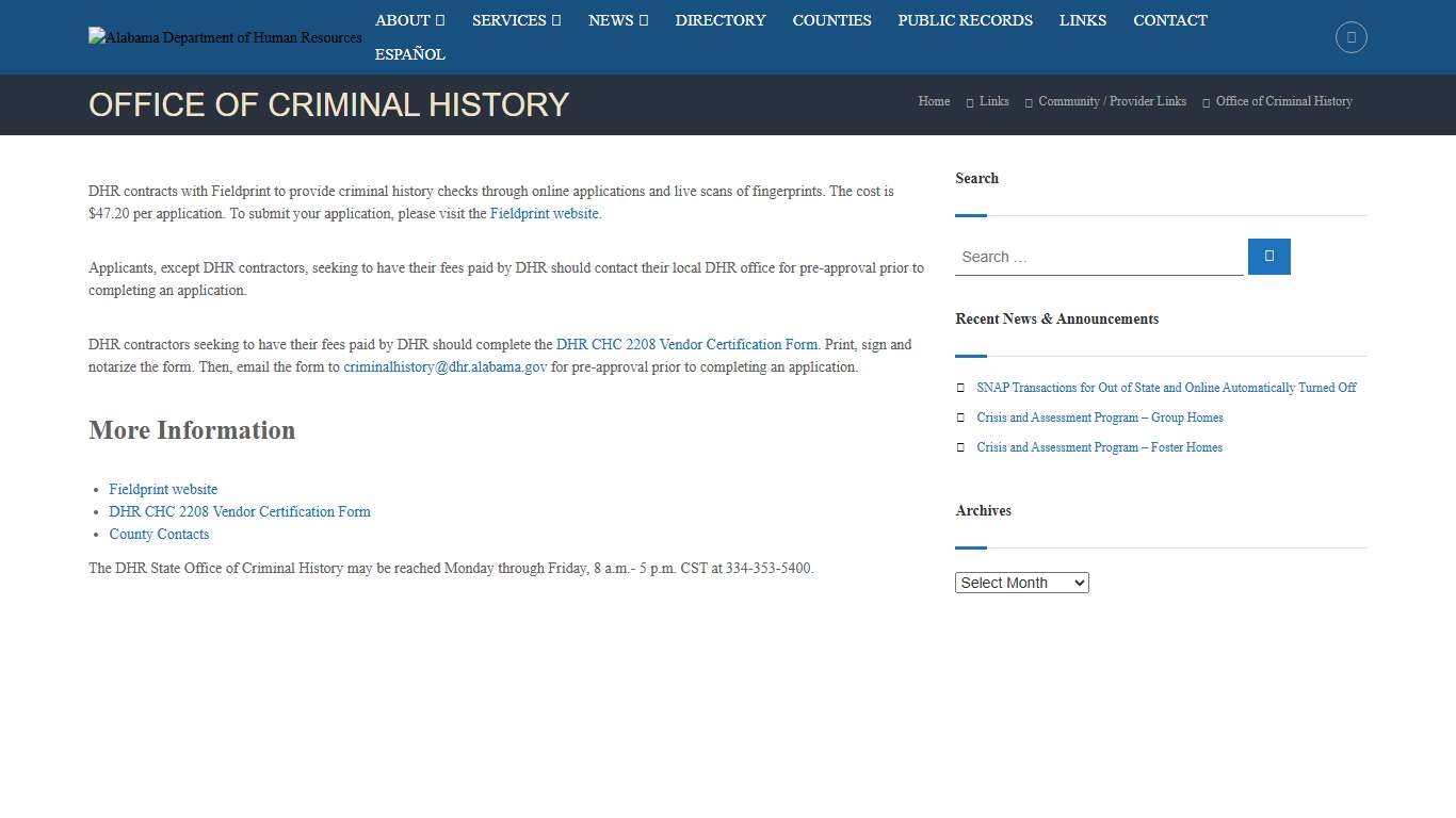 Office of Criminal History – Alabama Department of Human Resources