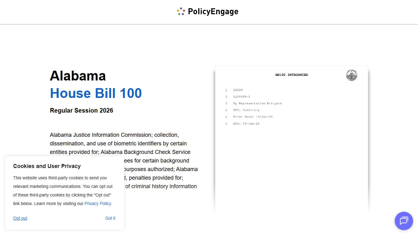 AL HB100 | Alabama House Bill 100 | Regular Session 2026 | Alabama Justice Information Commission; collection, dissemination, and use of biometric identifiers … | PolicyEngage